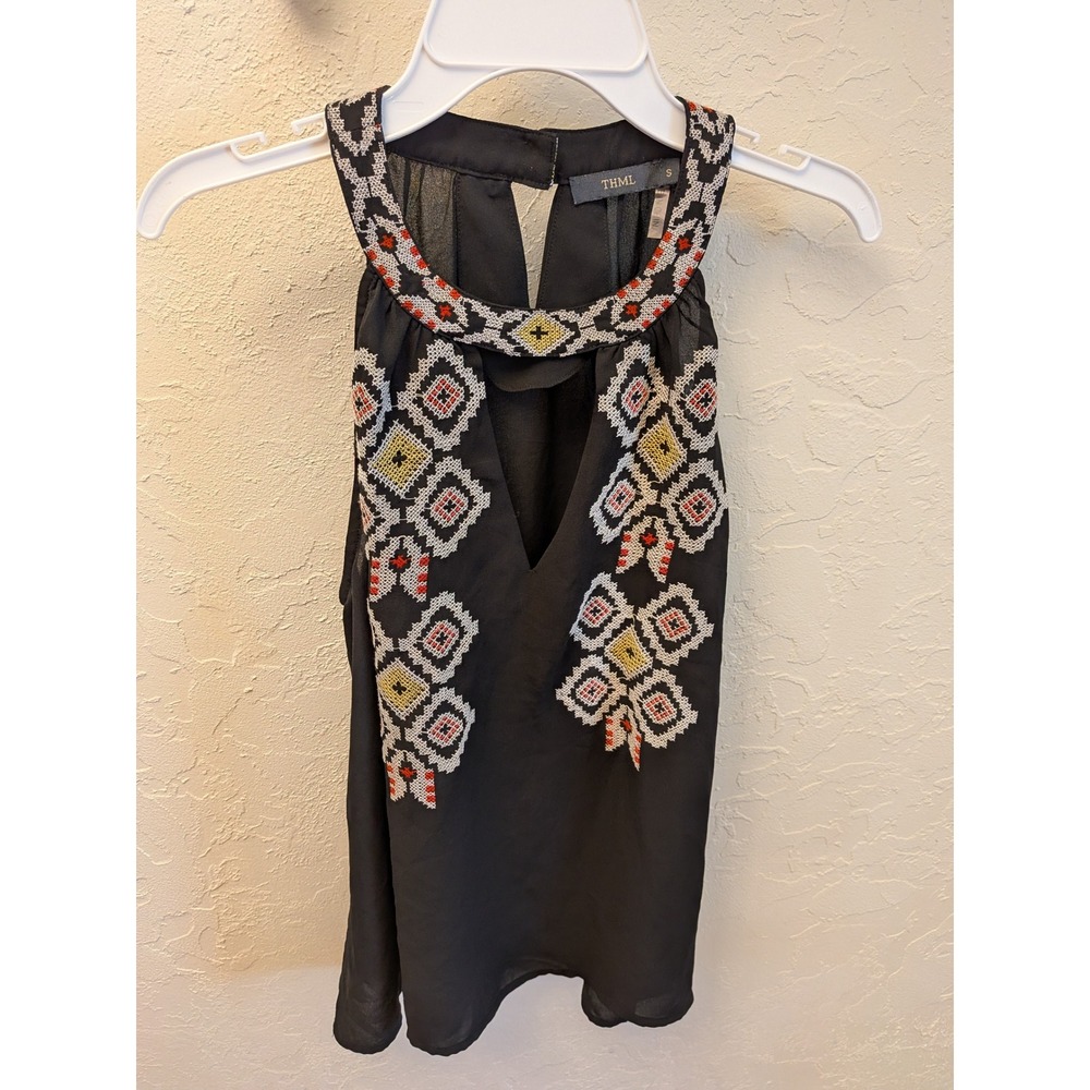 THML Black Sleeveless Embellished Halter Top Blouse Bohemian Boho Festival‎